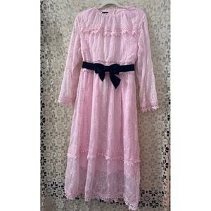 Pink Lace Tiered Coquette Midi  Dress Long Sleeve  Feminine Cottagecore Sz L